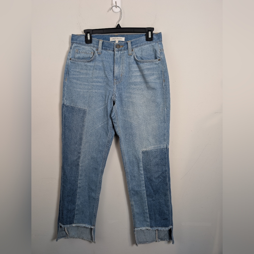 Ei8ht Dream patch Work jeans Light Wash Square Fray Hem Sz 27